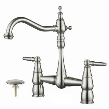 Imagem de ALEASHA Torneira de cozinha com ponte de 2 furos, torneira de cozinha de latão antigo para pia conjunto central de níquel escovado de 20 cm torneira de cozinha vintage para pias, torneira de pia de