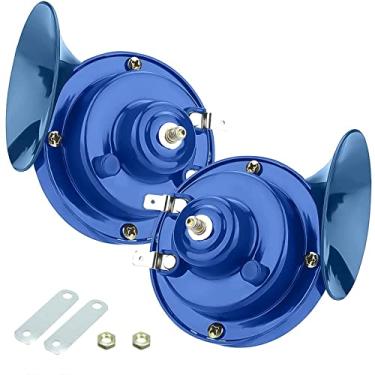 Imagem de QODOLSI Pacote com 2 buzinas de trem 300DB, alto-falante de alarme de segurança de 12 V, kit de substituição de buzina dupla para caracol elétrico a ar à prova d'água, serve para a maioria dos carros, motocicleta, caminhão, bicicleta (azul)