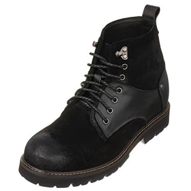 Imagem de CALTO Botas masculinas invisíveis para aumento de altura - couro nobuck envelhecido bico redondo com cadarço - 8 cm mais alto, Preto, 37