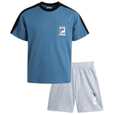 Imagem de Fila Conjunto de shorts para meninos - camiseta básica de 2 peças e shorts de moletom felpudo francês - conjunto casual de verão para meninos (4-12), Cinza-claro mesclado, 5-6