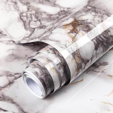 Imagem de Decoroom Papel de contato de mármore branco para bancadas 45 cm x 1,300 cm papel de parede de mármore de granito brilhante para armários de cozinha e banheiro filme de vinil autoadesivo removível