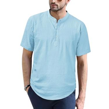 Imagem de Wancafoke Camiseta masculina de algodão e linho Henley manga curta hippie casual verão praia, Azul claro, XXG