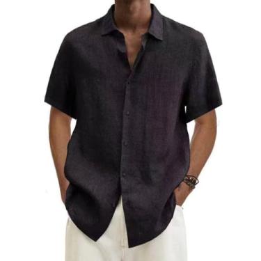 Imagem de PEVOSU Camisa social masculina casual abotoada manga curta verão camiseta praia linho textura camisas, Preto, XXG