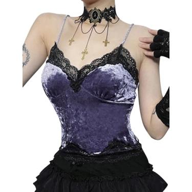 Imagem de FEOYA Regata feminina gótica cropped de malha com acabamento em renda sem mangas Y2k Club Punk Rock roupas sensuais, 05 - Roxo, M