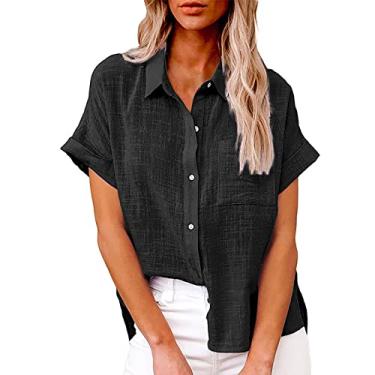 Imagem de Camiseta feminina de linho de manga curta com bolso, gola V, botões, cor sólida, caimento solto, túnica de verão, Preto, GG