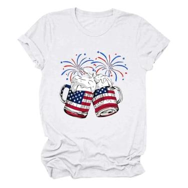 Imagem de PKDong 4th of July Outfit for Women Crew Neck Short Sleeve Independent Day Beer Cups Impresso Camiseta Gráfica para Mulheres, Branco, M
