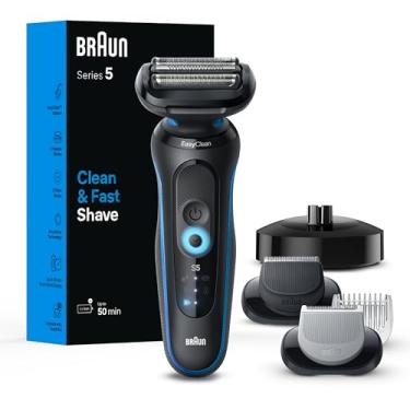 Imagem de Braun Barbeador elétrico para homens, série 5 5150cs, barbear úmido e seco, modo de barbear turbo, barbeador de folha, com aparador de barba, aparador de corpo e suporte de carregamento, azul