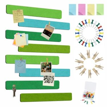 Imagem de Vuzvuv 8 tiras de barra de quadro de avisos com 50 pinos e 10 pinos de clipe de madeira, placa de cortiça autoadesiva para parede, placa de feltro para escola, decoração de escritório (multiverde)