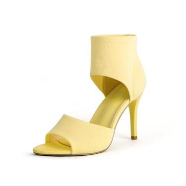 Imagem de JishinGal Sandálias femininas de salto agulha Peep Toe, tecido elástico, bico aberto, salto alto para casamentos elegantes, Amarelo, 38