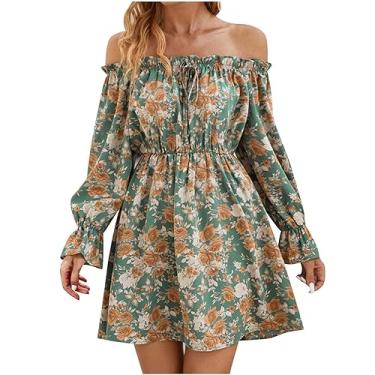 Imagem de Generic Vestido de praia feminino comprimento 3/4 manga bufante vestido de ombro vazado para mulheres chiffon floral midi vestido plissado havaiano, W-752 Verde limão, GG