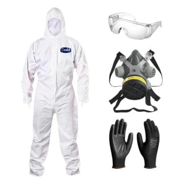 Imagem de Kit Macacão de Proteção Óculos de Segurança Sobrepor Máscara Respirador Luva de Proteção Poliéster EPI (Branco/Preto, M)