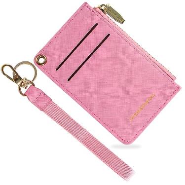 Imagem de Carteira pequena feminina de couro fina com porta-cartões e porta-moedas com chaveiro, B - Rosa, P