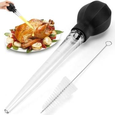 Imagem de SCHVUBENR Baster de peru grande com escova de limpeza – Ferramenta de Baster Premium para cozinhar – Fácil de usar e limpar – Seringa com bulbo potente – Pode ser lavada na lava-louças – Sabor de carne, aves, carne bovina, frango (preto)