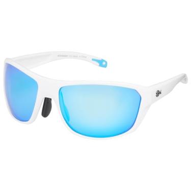 Imagem de BASSDASH Óculos de sol esportivos polarizados para homens e mulheres, pesca, condução, caminhada, UV400, com armação leve TPX inquebrável, Armação branca fosca + lente espelhada azul gelo, Regular