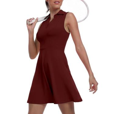 Imagem de Vestido feminino de duas peças para golfe FPS 50+ esportivo esportivo esportivo com bolso e shorts separados, 11 vinho tinto, P