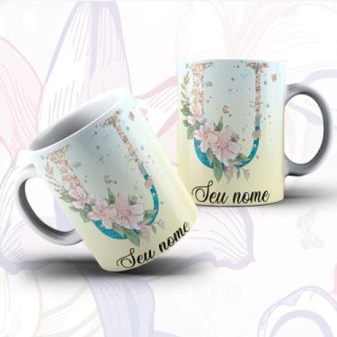 Imagem de Caneca Porcelana Alfabeto Floral Glitter Personalizada Com Inicial E N