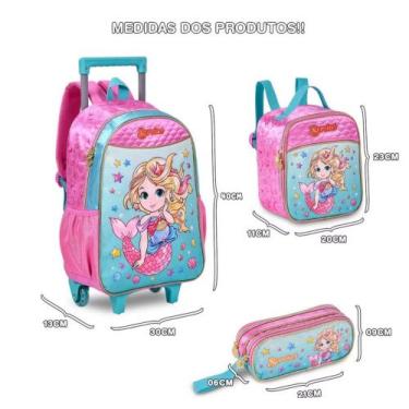 Imagem de Kit Mochila Lancheira Estojo Sereia Escolar Rodinha Carrinho Resistent