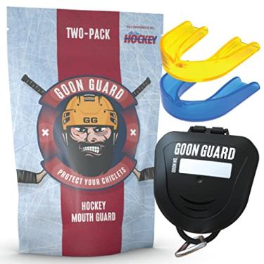 Imagem de GAME ON Goon Guard Hockey Mouth Guard Strapless - Protetor Bucal de Hóquei para Jovens E Aparelhos Ortodônticos: 2X A Absorção de Impacto, Estojo Incluído (Azul Lagoa E Ouro Amarelo)
