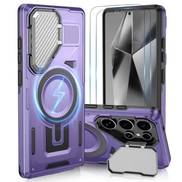 Imagem de ATUMP Capa magnética para Samsung Galaxy S25 Ultra com suporte para câmera [pacote com 2 protetores de tela HD], |Compatível com MagSafe| Capa protetora de grau militar para Galaxy S25 Ultra, roxa