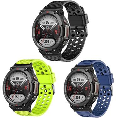 Imagem de Lamshaw Compatível com pulseiras Amazfit T-Rex 2, pulseiras esportivas de substituição de silicone com fivela de metal compatível com relógio inteligente Amazfit T-Rex 2 (pacote com 3 - preto + azul +