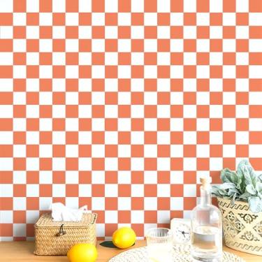 Imagem de Amiya Papel de parede quadriculado laranja descascar e colar mosaico quadriculado papel de contato 43 x 1223 cm papel de parede removível de vinil autoadesivo moderno para forro de prateleira, sala de