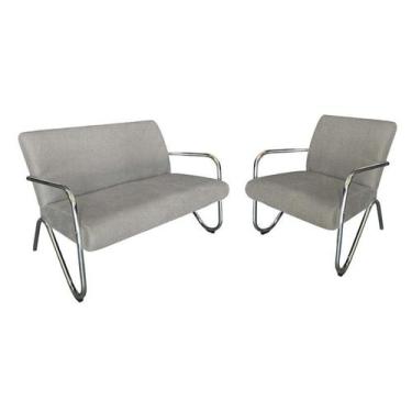 Imagem de Kit Namoradeira + Poltrona Decorativa Bela Linho Bege Braço Cromado - 