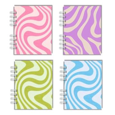 Imagem de Kit Com 4 Cadernos Capa Dura para anotação cadernos de bolso, A6, cadernos wire-o, pautados para faculdade e escola, para mulheres, presente, escritório, material escolar - Capas Groove Curvas Coloridas