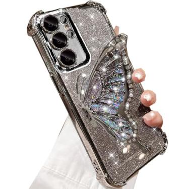 Imagem de Changjia Capa para Samsung Galaxy S25 Ultra Glitter 3D Butterfly Case, Cute Bling Sparkle Líquido Fluindo Borboleta Dobrável Kickstand com Protetor de Lente de Câmera Mulheres Meninas Capa para Galaxy