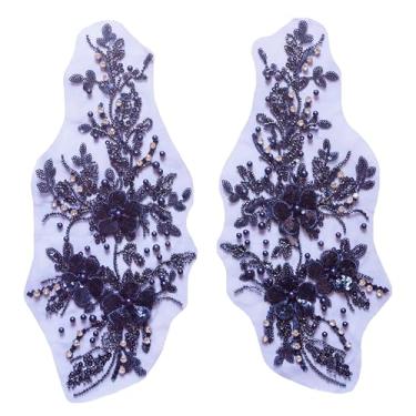 Imagem de KERLAP 2 apliques de contas, apliques de renda bordados com flores de lantejoulas 3D, aplique de strass feito à mão para acessórios de roupas (azul)