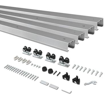 Imagem de BarnBase Kit de trilho de porta de bolso duplo de 3 m, 2 conjuntos de trilhos emendados de 144 cm, adequado para portas duplas de 122 a 152 cm (painel único de 61 a 76 cm), deslize silenciosamente e