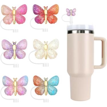 Imagem de Stanley Tampa de palha, 6 peças de cobertura de glitter para copo Stanley, acessórios reutilizáveis à prova de poeira compatíveis com canudo de 10 mm, presentes engraçados para mulheres (borboleta