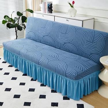 Imagem de Capa de futon sem braços com saia de babados, sofá-cama futon altamente elástica(Blue,Medium (160-190cm))