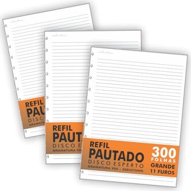 Imagem de Refil Genérico 300 Folhas Compatível Caderno de Discos/Inteligente Grande 11 Furos Pautado 90g