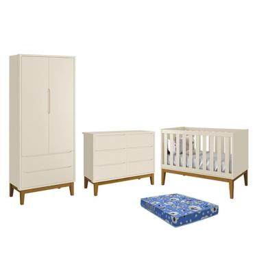 Imagem de Dormitório Infantil Classic 2 Portas, Cômoda 6 Gavetas, Berço com Pés Amadeirado e Colchão - Reller Móveis Areia Fosco
