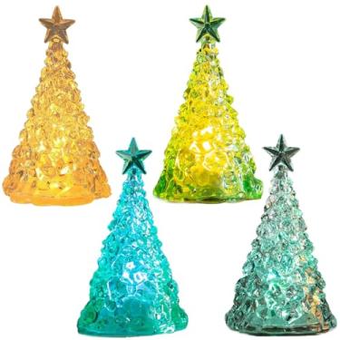 Imagem de Árvore de Natal de cristal, 4 peças, pequena árvore de Natal iluminada com topo de estrela, mini árvore de Natal alimentada por bateria para cornija de mesa, luz noturna de Natal