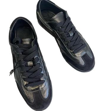 Imagem de Tênis de treinamento de couro genuíno feminino patchwork, tênis, tênis feminino Zapatillas De Mujer, Preto, 34