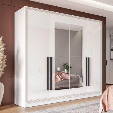 Imagem de Guarda-Roupa Casal Valência 4 Portas 4 Gavetas com Espelho Branco - Politorno