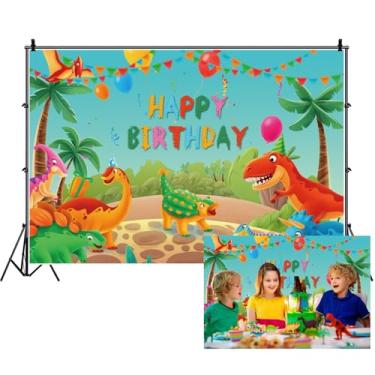 Imagem de Renaiss 2 x 1,5 m Feliz Aniversário Tema Dinossauro Festa Pano de Fundo Colorido Dinossauros Bandeiras Balões Planta Tropical Palmeiras Fotografia de Fundo para Crianças Meninos Decoração de