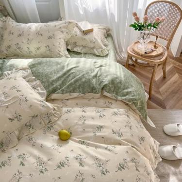 Imagem de mixinni Conjunto de edredom floral Cottagecore, tamanho casal, 3 peças, macio, reversível, de renda, botânico, com fronhas, bege claro e estampa de folhas verdes, roupa de cama de primavera para