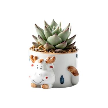Imagem de SUSOYAOCHEN Lindo vaso de flores de cerâmica com desenho animado, cacto de aloe, suculenta, mini bonsai para uso interno e externo para decoração de jardim, plantas não incluídas (vaca)