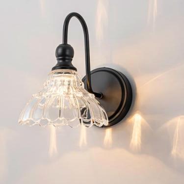 Imagem de BrkNit Luminárias Vintage Para Banheiro Sobre Espelho, Arandela De Parede Preta De 1 Luz Com Cúpula De Vidro Em Formato De Flor, Luzes De Penteadeira Estilo Fazenda Para Quarto, Cozinha, Sala De Est