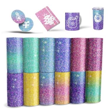 Imagem de Folhas de transferência de glitter, 12 peças 11,4 x 30,5 cm padrão aquarela - papel de sublimação pré-impresso para imprensa térmica de canecas, espaços em branco para copos, camisetas DIY