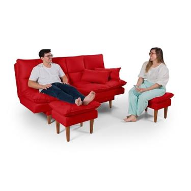 Imagem de Sofá Cama Andorra com 2 Banquetas 3 em 1 Reclinável Multifuncional Suede (VERMELHO)
