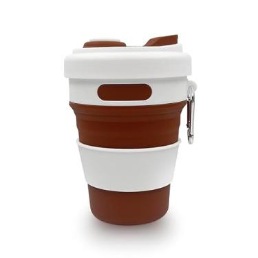 Imagem de iEWENi Copo de viagem dobrável de 500 ml com tampa e gancho de metal reutilizável de silicone para bebida quente/fria, portátil, acampamento, caminhada, micro-ondas e lava-louças (café)