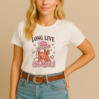 Imagem de T-shirt Algodão Feminina Estamp Cowgirl Mulher Estrela Chapéu Modinha 