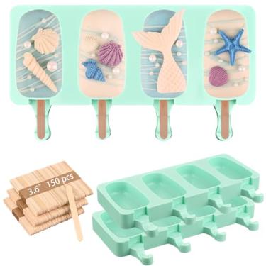 Imagem de Sakolla Conjunto de 3 moldes grandes de picolé de silicone, ovais, 4 cavidades, moldes de picolé caseiros com 150 palitos de madeira para sorvete, bolos, pop de bolo (verde)