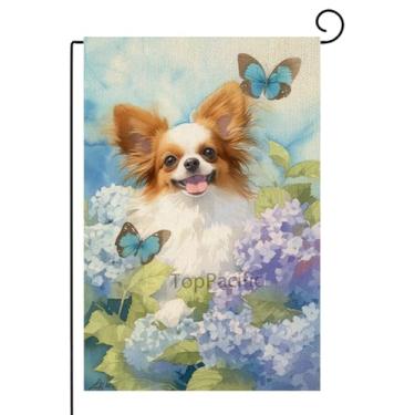 Imagem de TopPacific Papillon Bandeira de jardim de hortênsia para cães, primavera verão 30,5 x 45,7 cm, bandeira de jardim, primavera, verão, vertical, serapilheira dupla face, cão de boas-vindas, floral