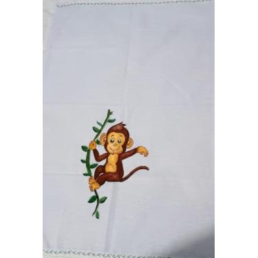 Imagem de PANO DE PRATO COM PERSONAGEM DE MACAQUINHO - PINTADO À MÃO E BORDADO NAS LATERAIS - 100% ALGODÃO