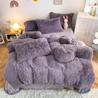Imagem de Roscloud Conjunto de Edredom Roxo para Meninas com Pele Sintética Queen- Conjunto de Cama de 3 Peças, Quente, Confortável, Macio, de Flanela, Veludo, Fofo, Felpudo, Roupa de Cama(Edredomx1, Fronhasx2)
