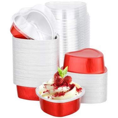 Imagem de EUSOAR Ramekins descartáveis, 100 peças, forros de cupcake de folha de 100 peças, pequenos em forma de coração, creme brulee, suflê, muffin, sobremesas, porta-copos, recipientes para Dia dos Namorados